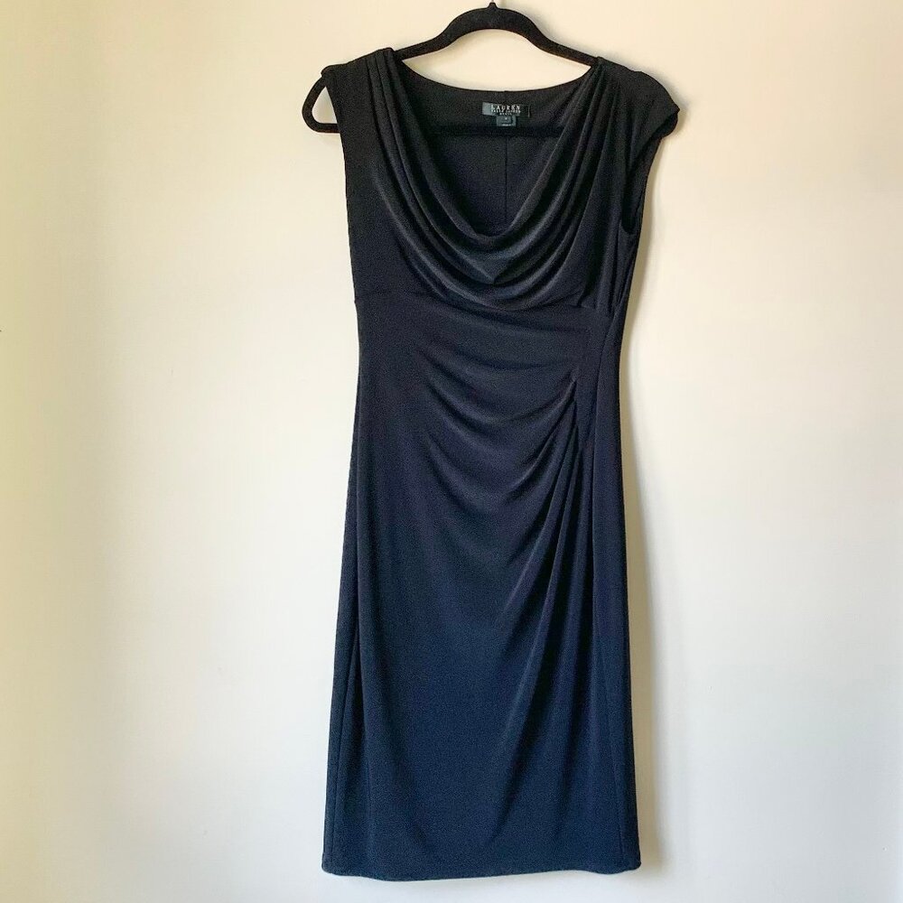 EUC Ralph Lauren Black Sleeveless Drape Neck Dress, Size 4